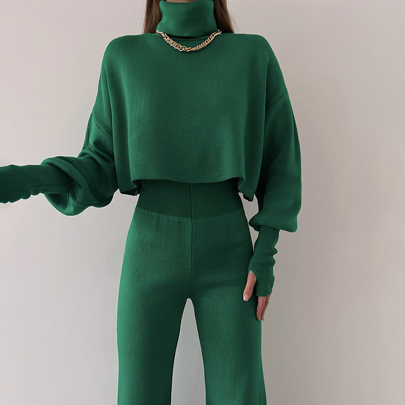 Women’s Lounge Set – Soft Knit Relaxed Fit – High Neck Crop Top – Wide Leg Pants