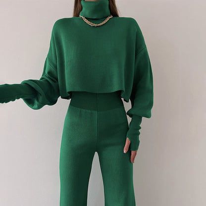 Women’s Lounge Set – Soft Knit Relaxed Fit – High Neck Crop Top – Wide Leg Pants