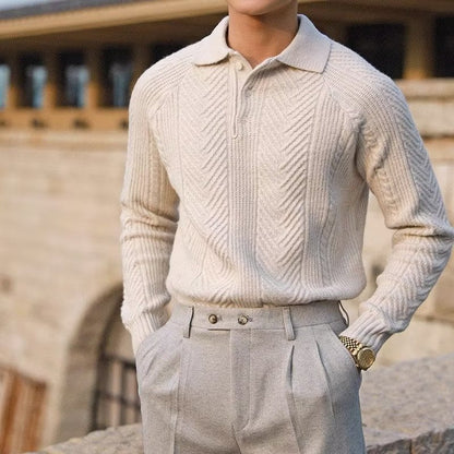 Men’s Knit Sweater – Slim Fit – Polo Collar – Cable Knit – Wool Blend – Raglan Sleeve