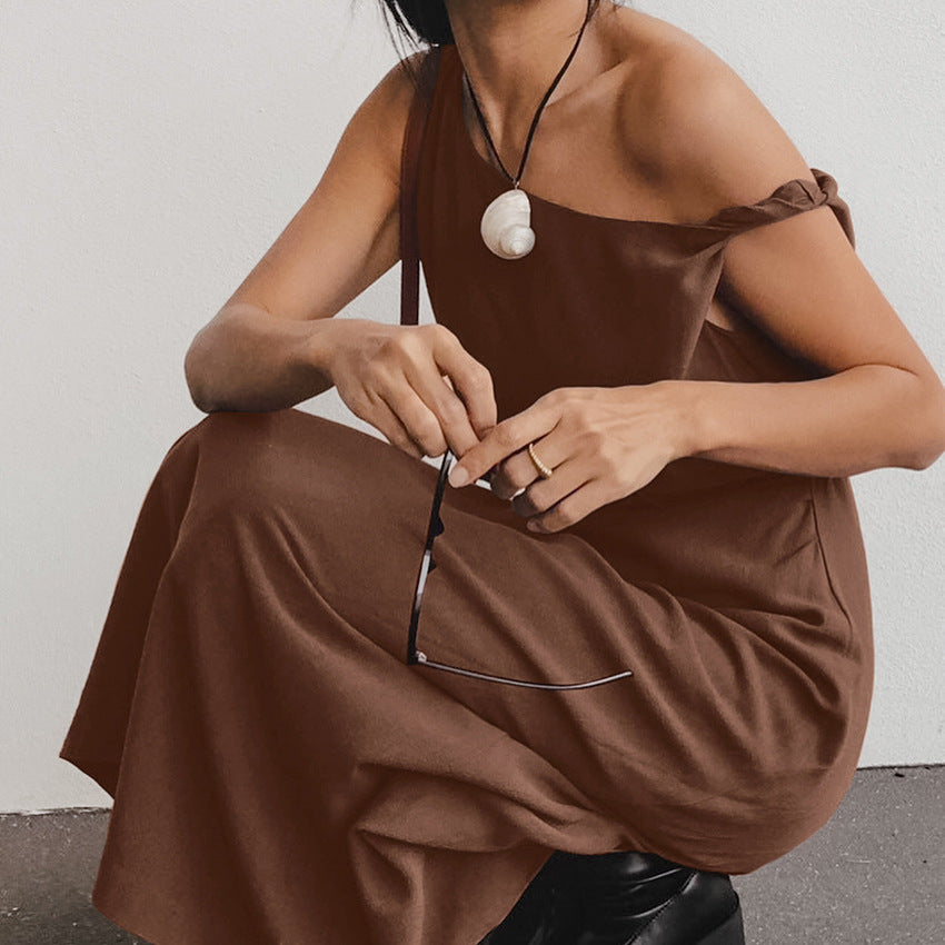 Women’s Evening Dress – Cotton Linen Blend – Slim Fit – One Shoulder – Full Length