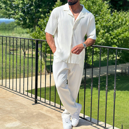 Men’s Athleisure Set – Relaxed Fit – Breathable Blend – Stripe Shirt & Long Pants