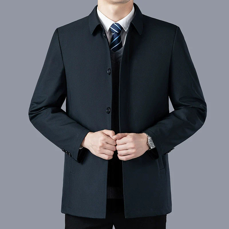 Men’s Mid-Length Jacket – Tailored Fit – Cotton – Lapel Collar – Button Closure