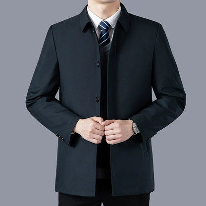 Men’s Mid-Length Jacket – Tailored Fit – Cotton – Lapel Collar – Button Closure
