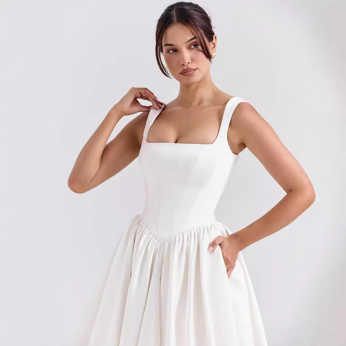 Women’s Maxi Dress – Square Neckline – Fitted Waist – Flared Skirt – Cotton Fabric