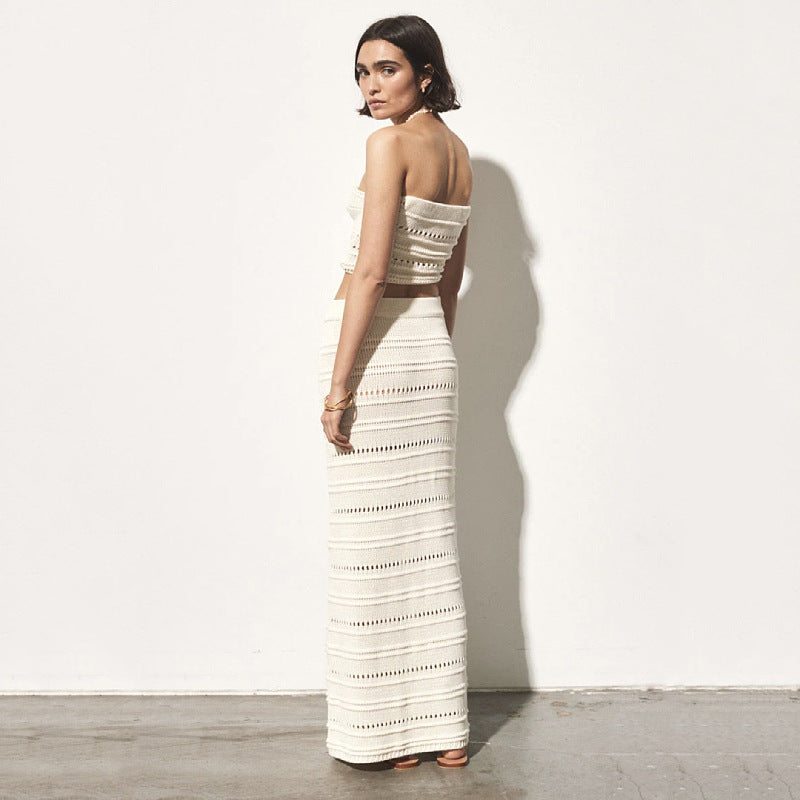 Women’s Two-Piece Set – Crochet Bandeau Top Twist Front – High-Waisted Slim Midi Skirt