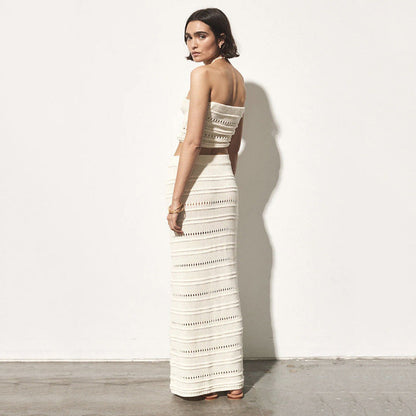 Women’s Two-Piece Set – Crochet Bandeau Top Twist Front – High-Waisted Slim Midi Skirt