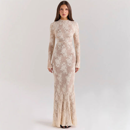 Women’s Lace Gown – Slim Fit – High Neck – Long Sleeve – Fishtail Hem Elegant Dress