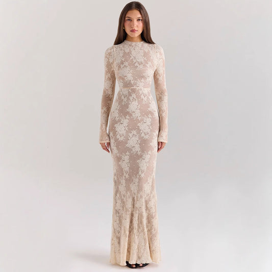 Women’s Lace Gown – Slim Fit – High Neck – Long Sleeve – Fishtail Hem Elegant Dress