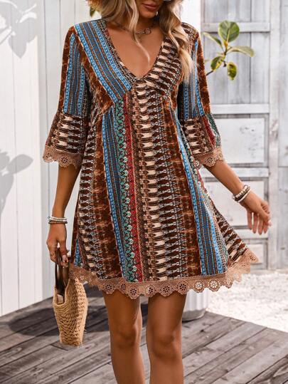 Women’s A-Line Dress – V-Neck Boho Print – Lace Trim – 3/4 Sleeve Breathable Fit