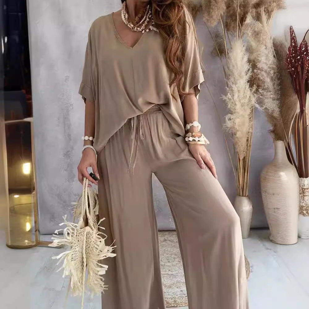 Women’s Lounge Set – Relaxed Fit – V-Neck Batwing Top – Wide-Leg Pants – Soft Knit