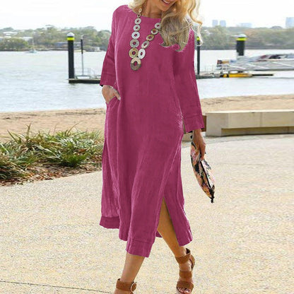 Women’s Shirt Dress – Relaxed Fit – Lightweight Woven – Long Sleeve – Midi Length