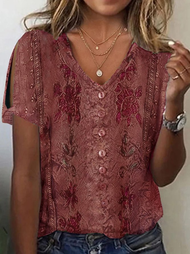 Women’s Blouse – Relaxed Fit – V-Neck Button Front – Embroidered Boho Style – Breathable Fabric