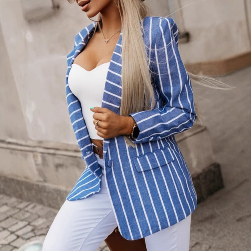 Women’s Blazer – Tailored Fit – Vertical Stripes – Notched Lapel – Hip Length