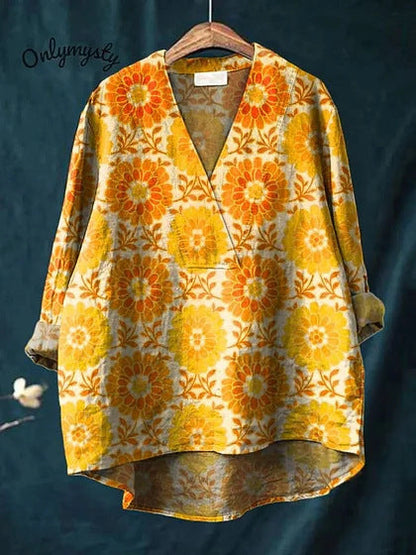 Women’s Long Sleeve Shirt – Relaxed Fit – V-Neck – Cotton Blend – Digital Print