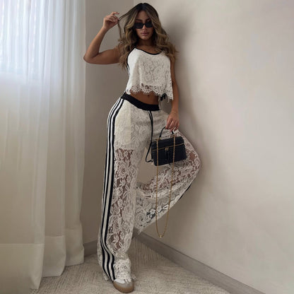 Women’s Two-Piece Set – Lace Texture – Cropped Camisole – Drawstring Pants – Relaxed Fit