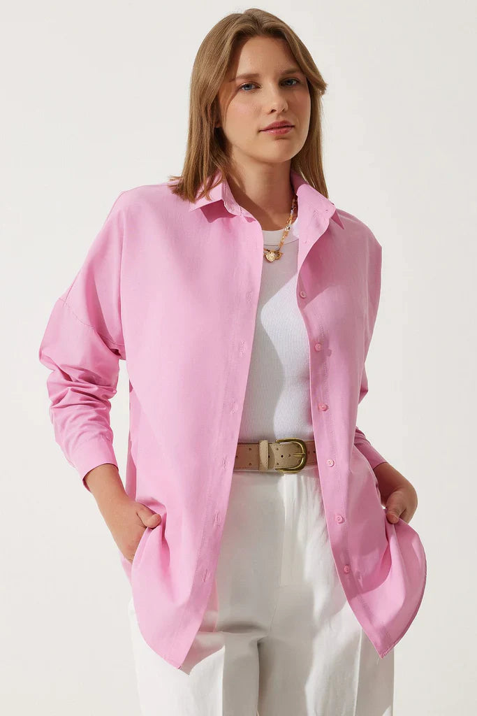 Women’s Blouse – Cotton Blend – Oversized Fit – Long Sleeve – Button Front Casual