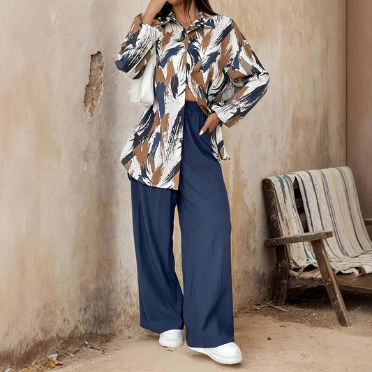 Women’s Two-Piece Set – Relaxed Fit – Long-Sleeve Cotton Shirt – Wide-Leg Pants