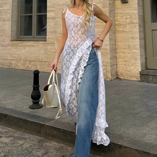 Women’s Maxi Dress – A-Line Fit – Lace Look – V-Neck – Tie Shoulders – Ruffle Trim – Side Split