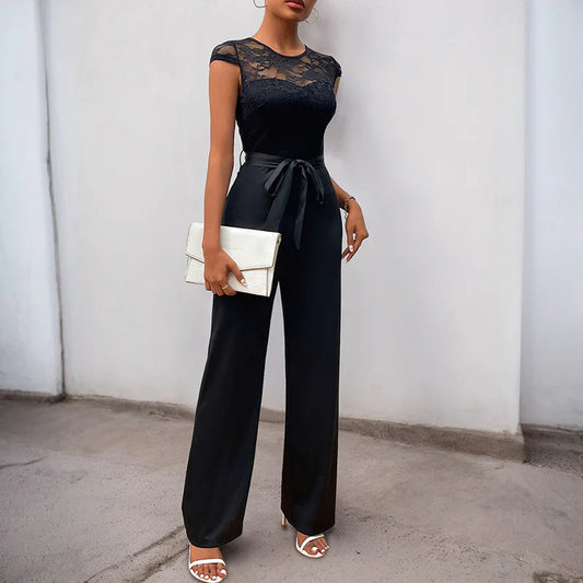Women’s Jumpsuit – Tailored Fit – Lace Bodice – Belted Waist – Wide Leg – Cap Sleeve