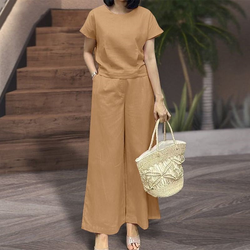 Women’s Two-Piece Set – Relaxed Fit Breathable Blend – Crew Neck Top – Wide-Leg Pants