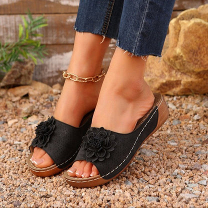 Women’s Wedge Sandals – Open Toe – Perforated Faux Suede – Floral Accent – Casual Wear