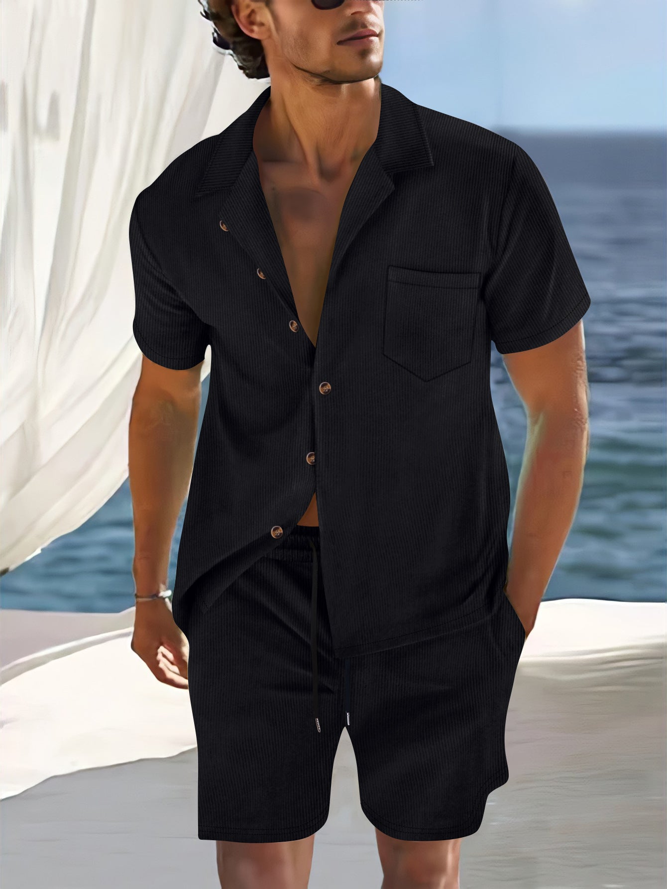 Men’s Shirt and Shorts Set – Cuban Collar – Relaxed Fit – Lightweight Breathable Fabric