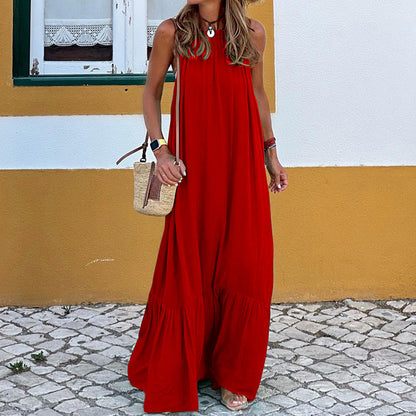 Women’s Beach Dress – Sleeveless Halter – Flowing Fit – Natural Fibers – Ruffled Hem