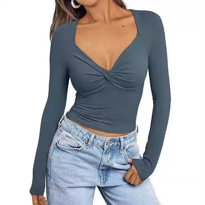 Women’s Long Sleeve Top – Slim Fit – V-Neck – Cropped Twist Front Design