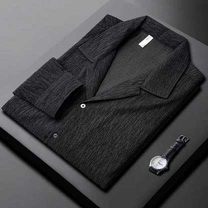 Men’s Long-Sleeve Shirt – Cuban Collar – Pleated Texture – Relaxed Structured Fit