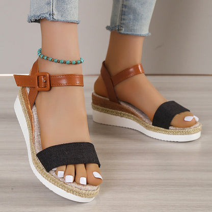 Women’s Wedge Sandals – Open Toe – Jute Platform – Buckle Strap – Casual Style