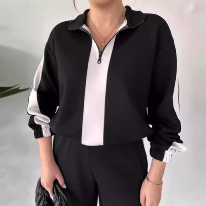 Women’s Two-Piece Set – Zip Collar Top & Wide-Leg Pants – Relaxed Fit Casual Wear