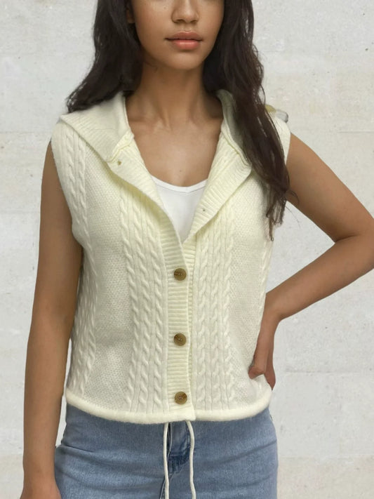 Women’s Hooded Vest – Cable Knit – Button Front – Soft Cotton Texture – Casual Fit