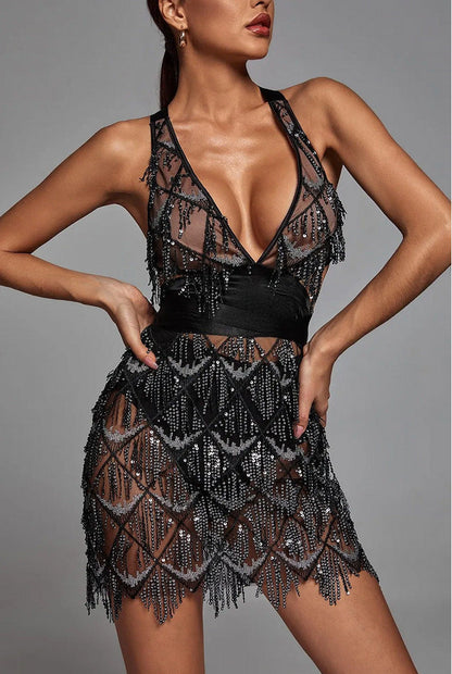 Women’s Midi Dress – Fitted Silhouette – Plunging V-Neck – Sequin Tassel Detail