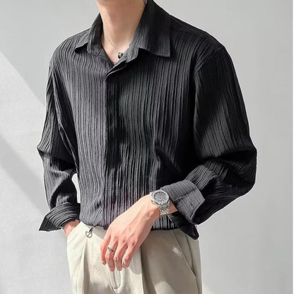 Men’s Long Sleeve Shirt – Relaxed Fit – Crinkle Texture – Button Down Casual Style