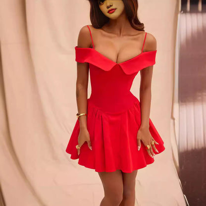 Women’s Mini Dress – Fit and Flare – Off Shoulder – V-Neck – Pleated Skirt