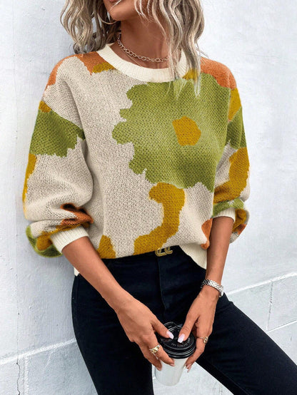 Women’s Pullover Sweater – Relaxed Fit – Soft Knit – Round Neck – Balloon Sleeve – Abstract Pattern