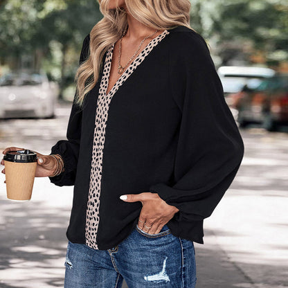 Women’s Blouse – V-Neck – Loose Fit – Long Puff Sleeve – Contrast Panel Design