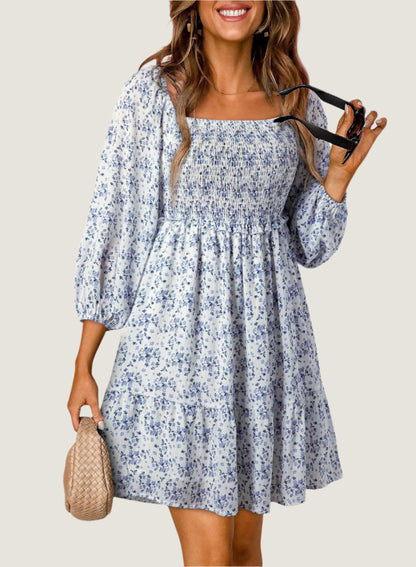 Women’s A-Line Dress – Cotton Blend – Smocked Bodice – Short Sleeve – Floral Print