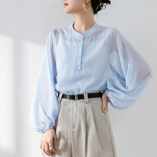 Women’s Blouse – Sheer Lightweight Fabric – Relaxed Fit – Long Puff Sleeve – Stand Collar
