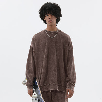 Men's Distressed Sweatshirt - Off-Shoulder Washed Look - Round Neck Casual
