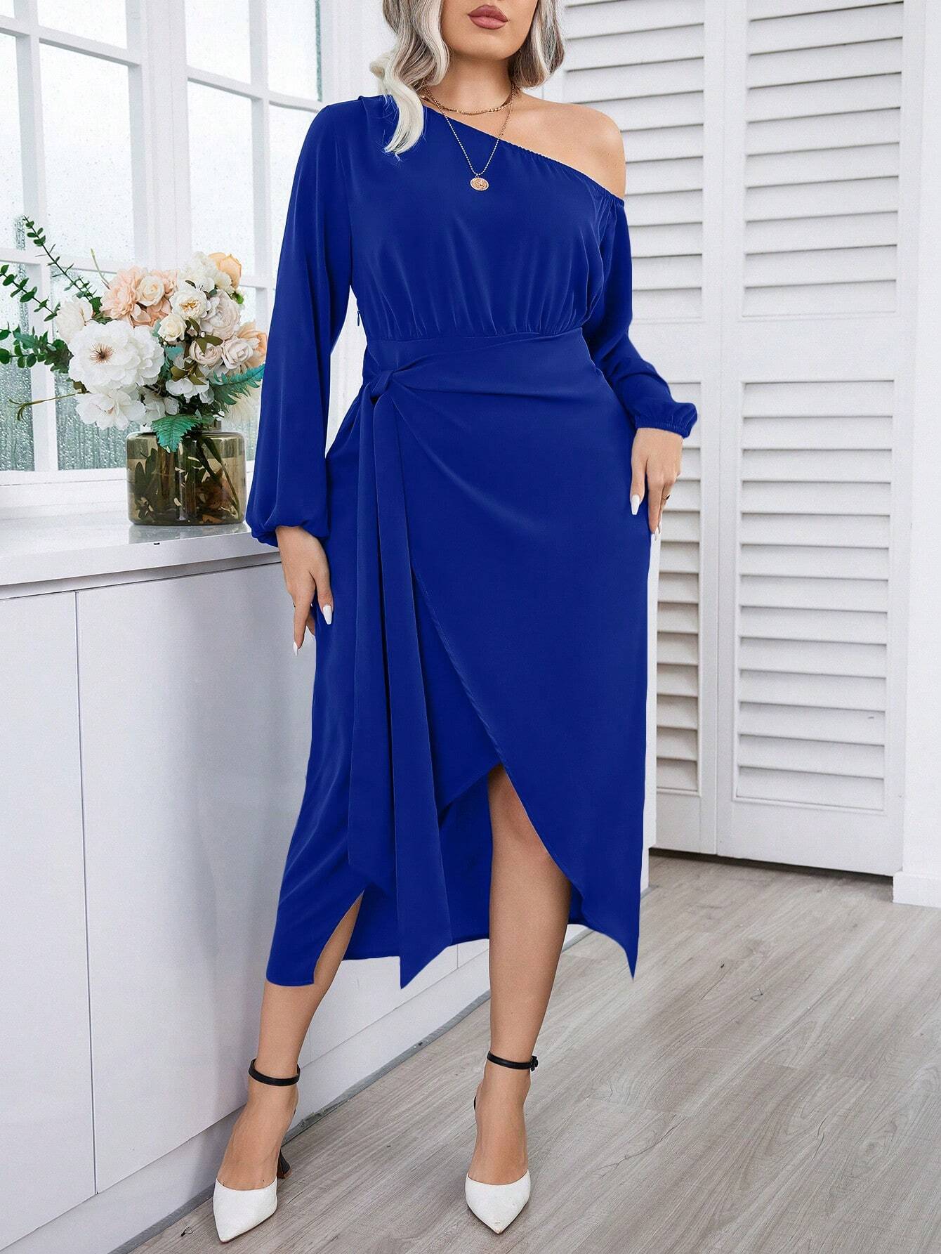 Women’s Wrap Dress – One Shoulder – Long Sleeve – Midi Length – Elegant Fit