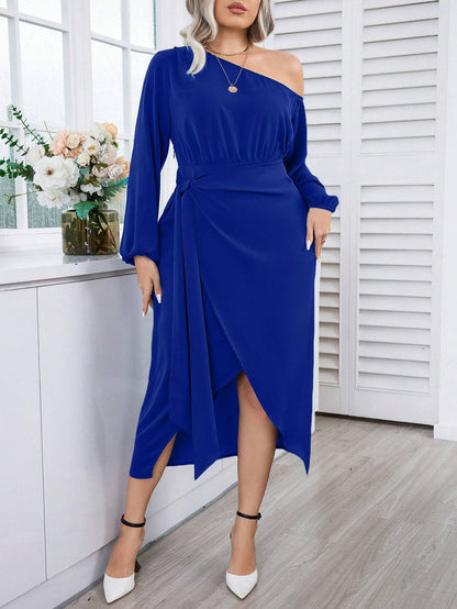 Women’s Wrap Dress – One Shoulder – Long Sleeve – Midi Length – Elegant Fit