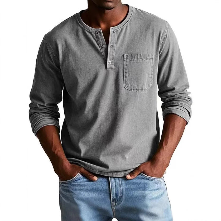 Men’s Long Sleeve T-Shirt – Slim Fit – Cotton Blend – Button Neck – Chest Pocket
