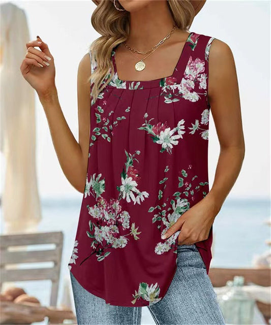 Women’s Sleeveless Vest – Square Neck – Floral Print – Relaxed Fit – Breathable Blend