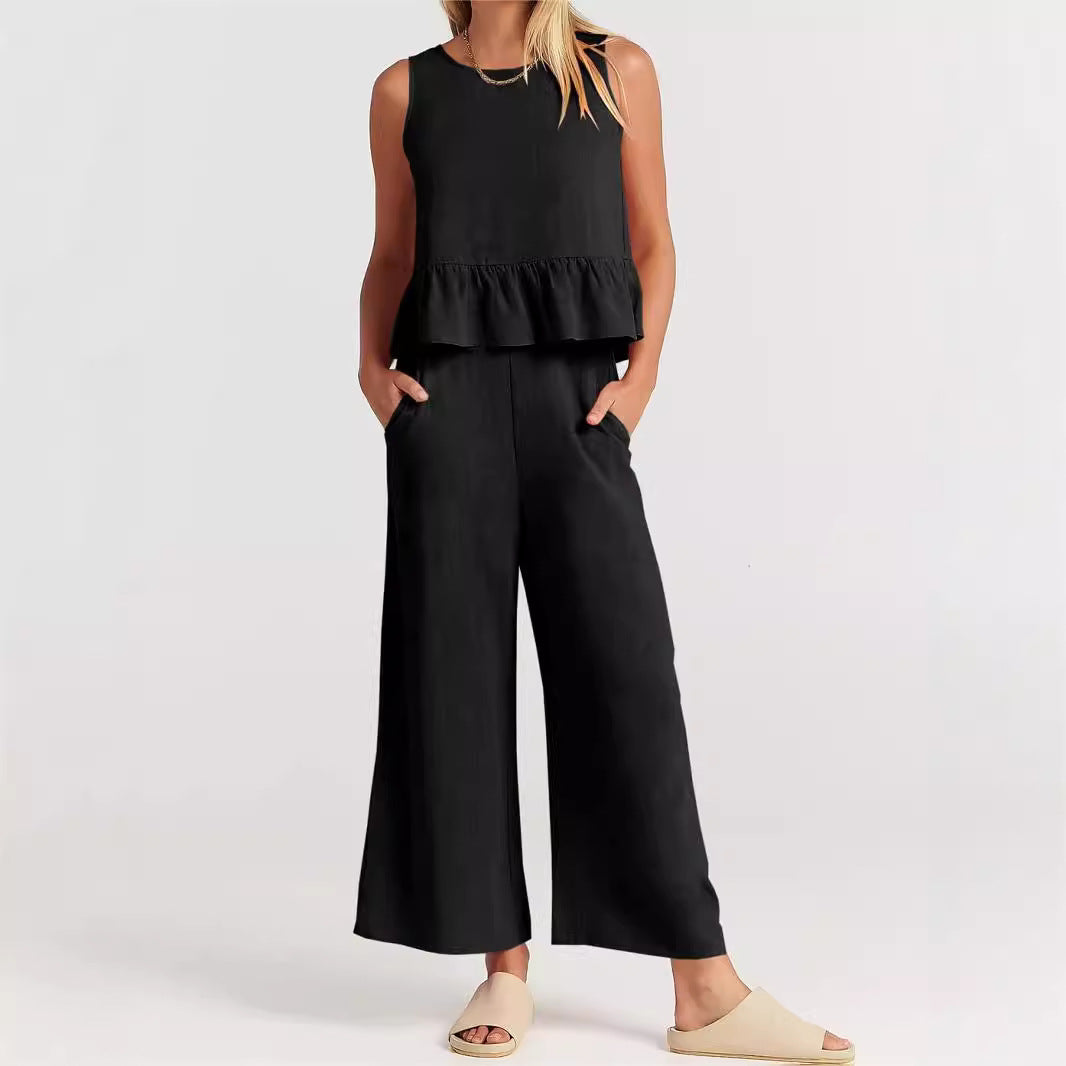 Women’s Two-Piece Set – Relaxed Fit – Sleeveless – Round Neck – Lightweight Cotton Blend