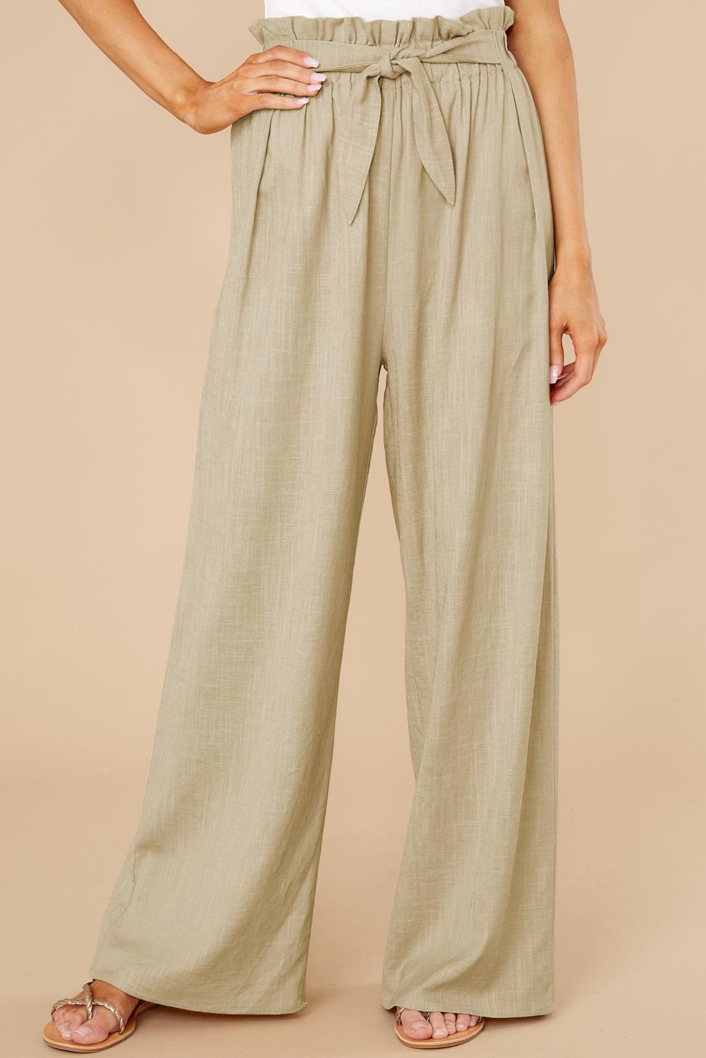 Women’s Wide-Leg Pants – Cotton Linen Blend – High Waist – Elastic Tie Belt