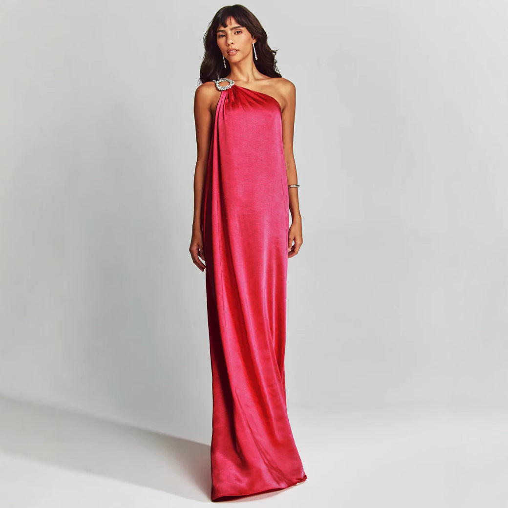 Women’s Evening Dress – Satin One Shoulder – Loose Fit – Embellished Ring Detail