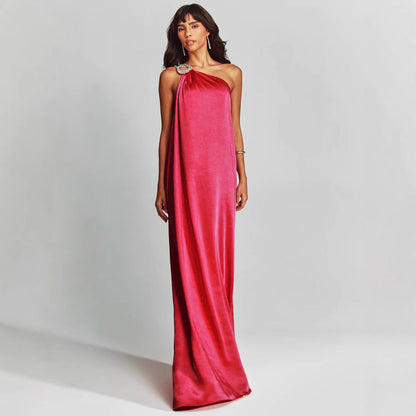 Women’s Evening Dress – Satin One Shoulder – Loose Fit – Embellished Ring Detail