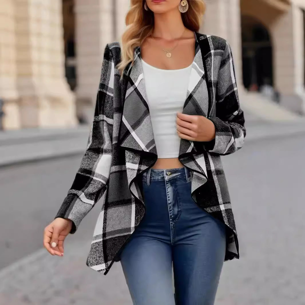 Women’s Open-Front Coat – Relaxed Fit – Soft Woven Feel – Draped Plaid Design