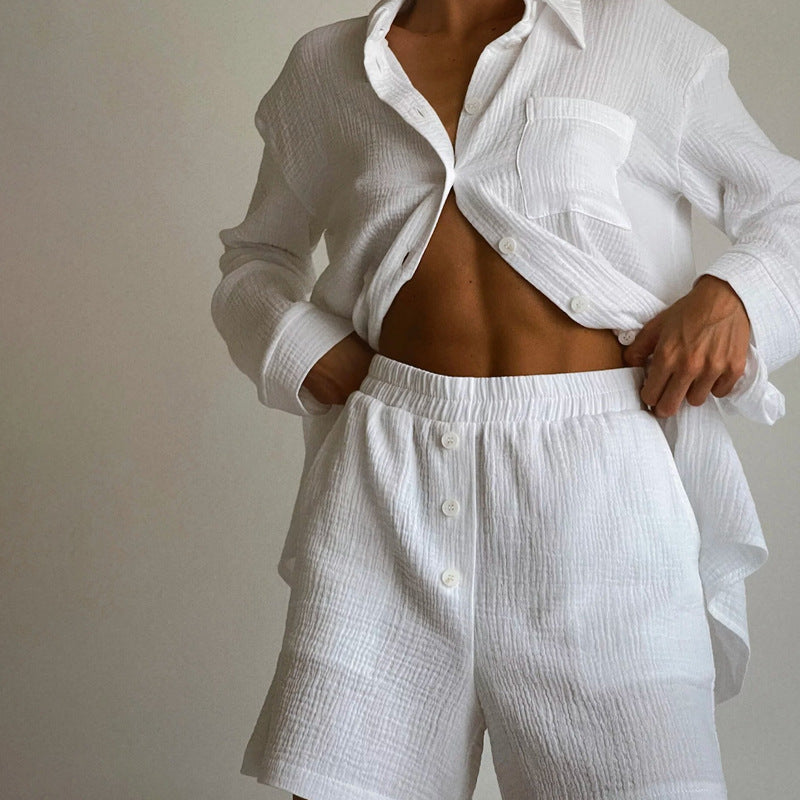 Women’s Pajama Shorts Set – Cotton Blend – Relaxed Fit – Button Top and Elastic Waist